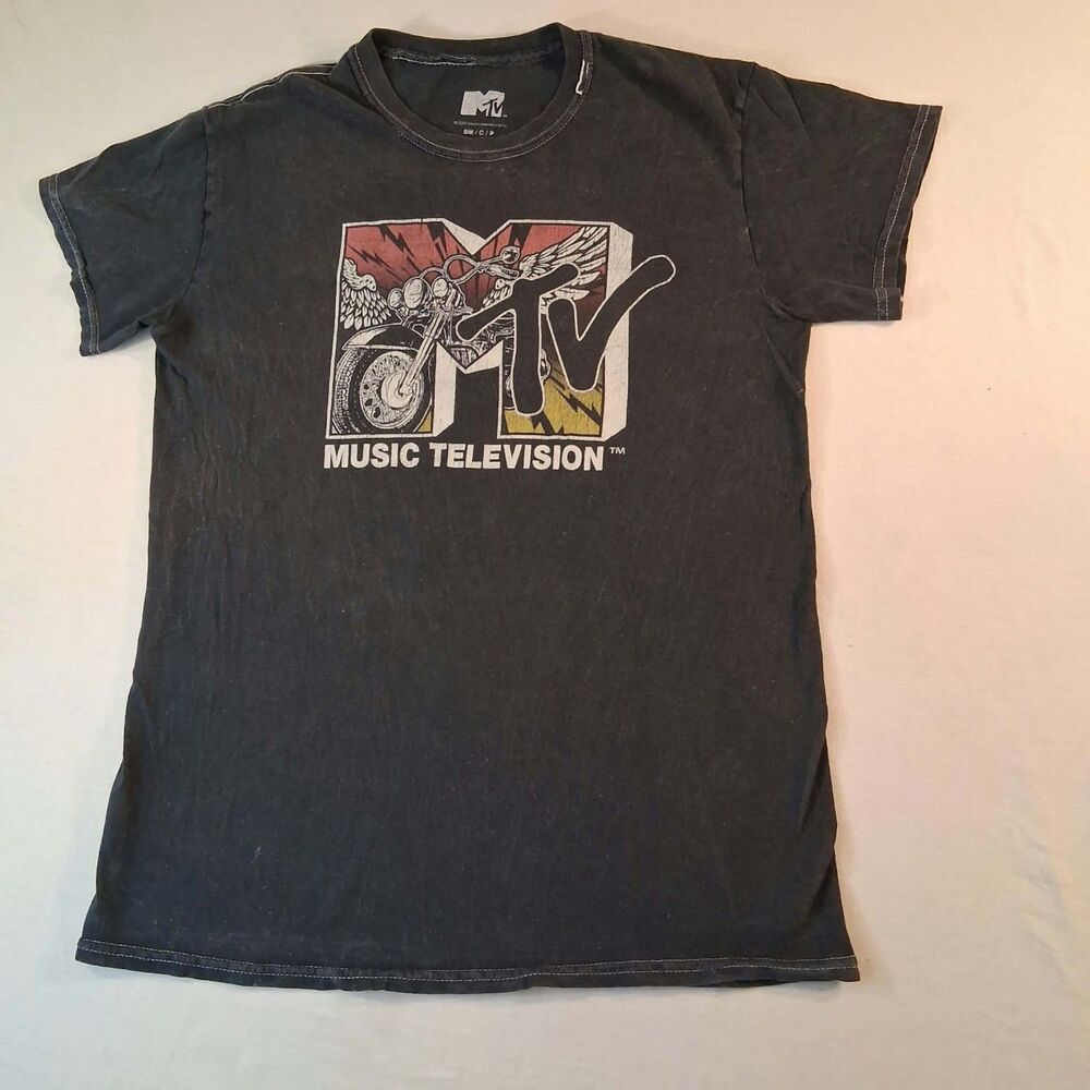 MTV Music Television Motorcycle Graphic T Shirt Mens Small Black Acid Wash Tee